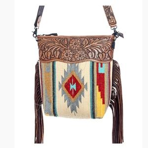 American Darling Tan Floral Tooled & Southwest Pattern Crossbody Bag with Fringe